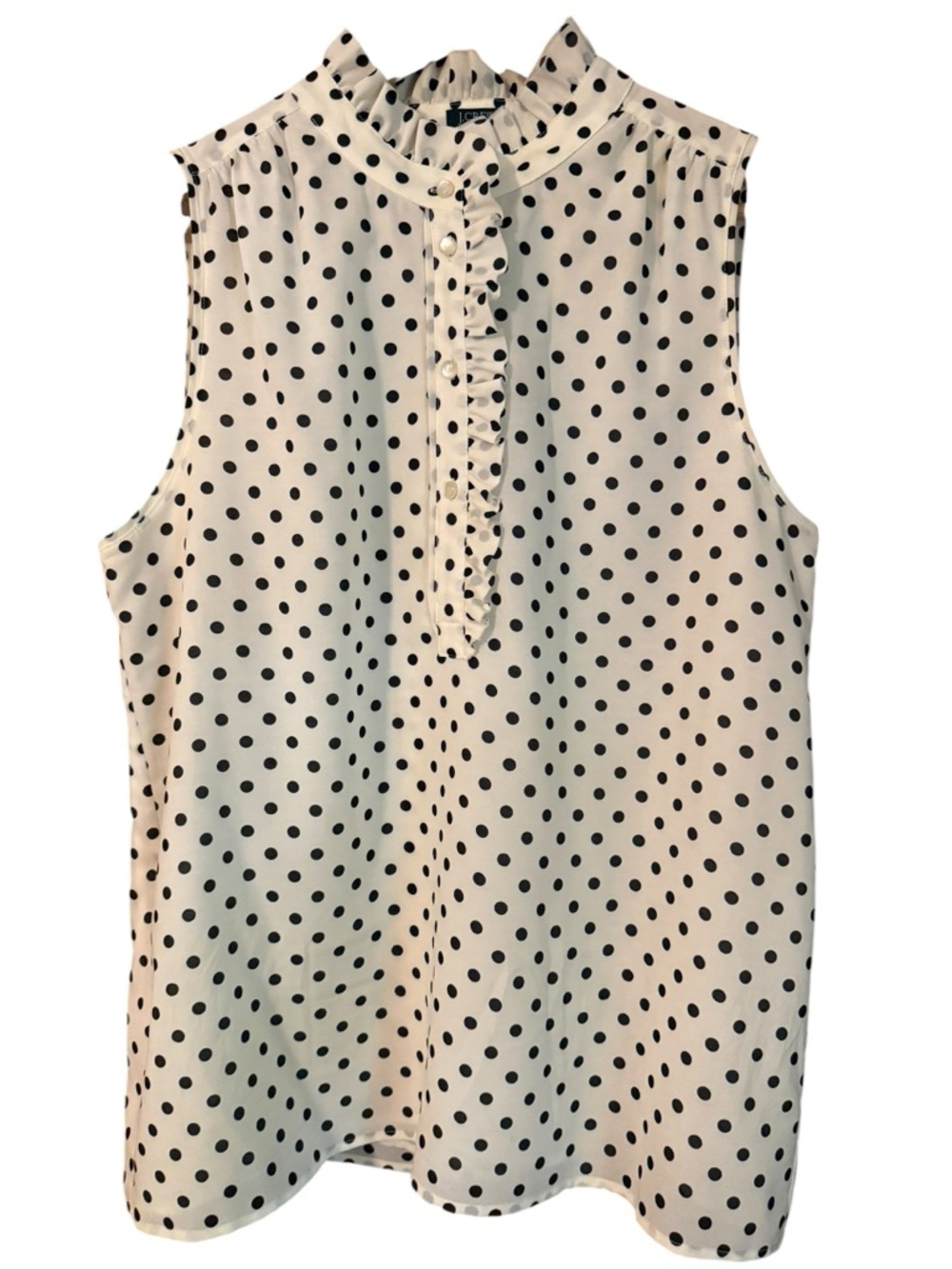 J. Crew White Sleeveless Polka Dot Ruffle Mock Neck Top Lined